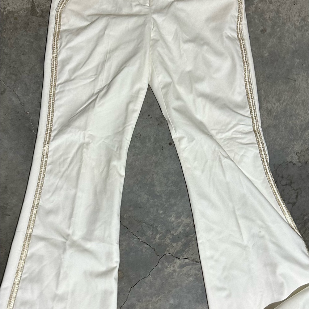 Elegant White Flared Slacks with Gold Sequined Accents